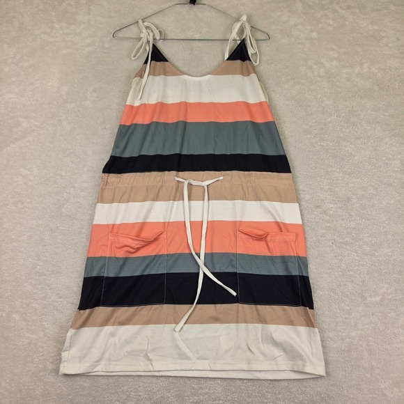 Dresses & Skirts - Striped Tie Shoulder Drawstring Waist Pocket Mini Dress Coral Navy White